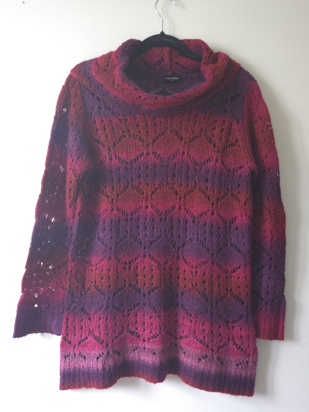 Point Zero Cowl Neck Ombre Open Knit Sweater Dress Tunic XL Purple Magenta Long